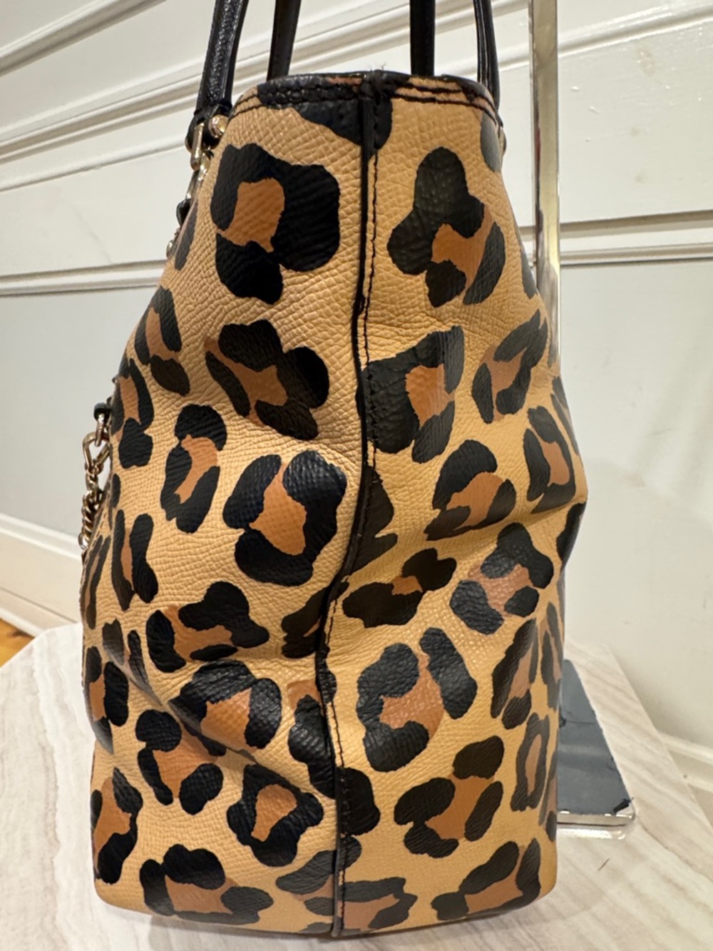 Coach Bag Leopard Ocelot Print Car Town Tote with Chain Detail - Picture 7 of 17